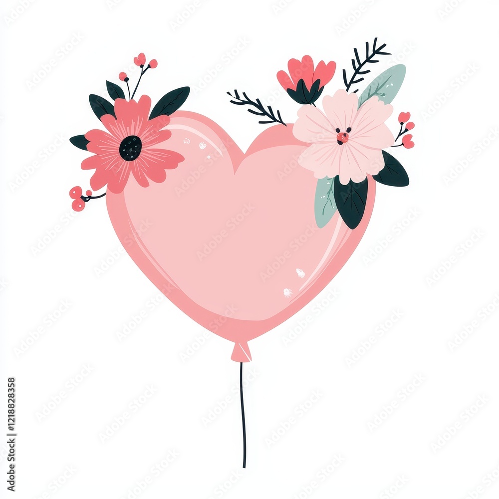 Obraz premium Pink Heart Shaped Balloon with Delicate Floral Arrangement Romantic Illustration