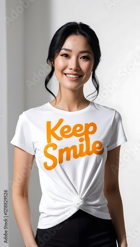 A stunning artistic portrait photography of a studio shot featuring a beautiful Asian woman with a warm, gentle smile, wearing a crisp, pristine white t-shirt with the uplifting phrase 