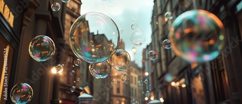 Wallpaper Mural Glasgow Comedy Festival, Bubbles floating through a charming cobblestone street urban scene photography dreamy atmosphere close-up perspective Torontodigital.ca