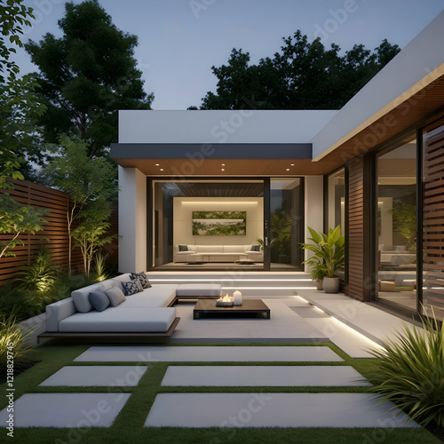 Serene Modern Backyard Oasis Featuring Comfortable Seating Surrounded by Lush Greenery and Warm Lighting