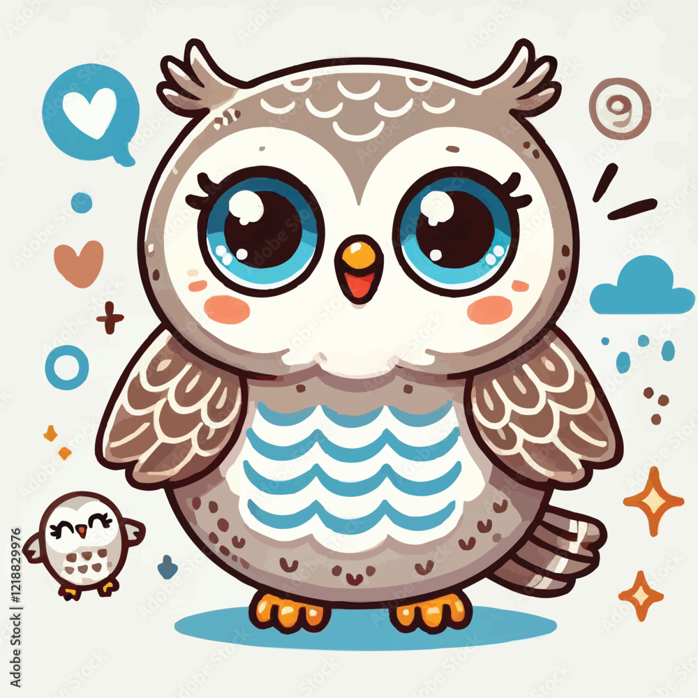 Fototapeta premium A cartoon family of owls with bright eyes and detailed feathers, sitting together surrounded by nature elements, perfect for designs focusing on family themes or educational materials.