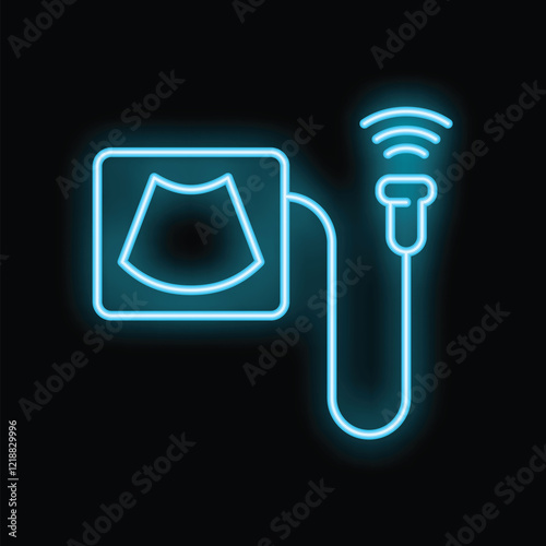 Neon medical icon depicting an ultrasound machine, glowing blue on a black background