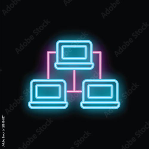 Bright neon icon of three laptops connected representing a computer network, internet connection, or data transfer