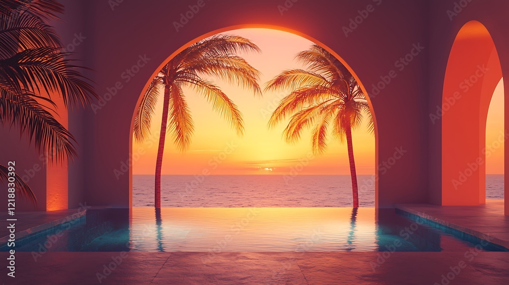 Naklejka premium A minimalist beach villa with an arched window design, featuring a pool and tropical palm trees, illuminated by golden hour light.