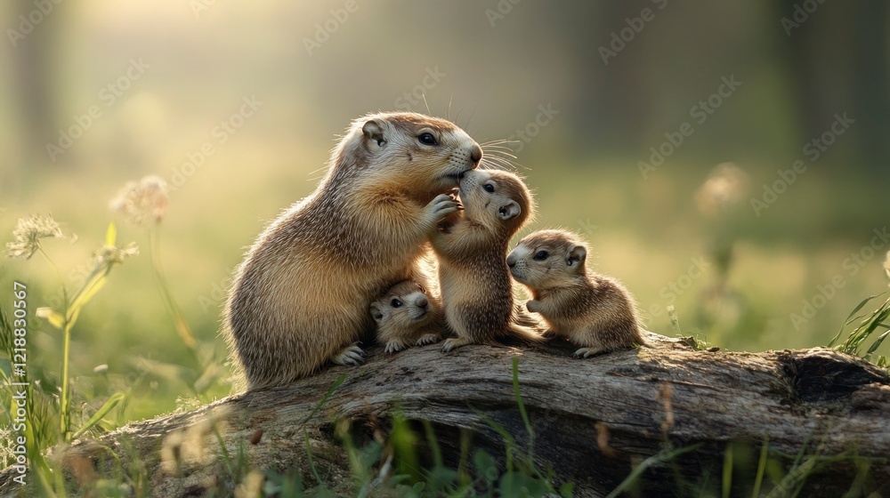Fototapeta premium a mother groundhog with her adorable babies on top of an old log in the grassy field. The mom is licking them both clean, and they look happy to be cared for by their parents. Groundhog day.