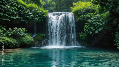 Serene Waterfall Cascading into Lush Tropical Pool Paradise
