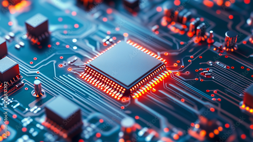 Fototapeta premium Microchips and Nanotechnology. An abstraction with blurred elements of microchips, wires, and microscopic details, representing nanotechnologies and future computing developments