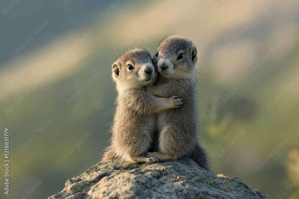 Fototapeta premium Photo of two baby marmots, one is small and the other larger, both standing on top of each other on an outcropping in a rocky mountain wilderness.