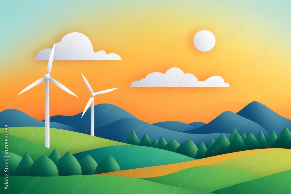 Obraz premium Colorful landscape featuring wind turbines under a bright sunrise in a serene countryside setting
