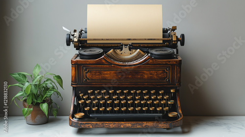 A classic typewriter stands on a marble surface. The machine features a blank sheet of paper ready to be filled, with a vibrant green potted plant adding a touch of life.