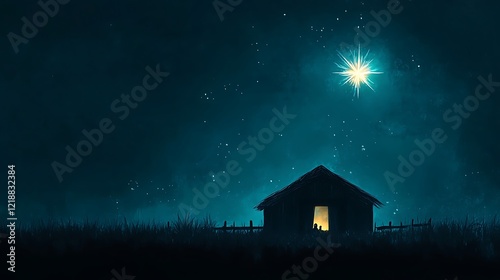 A bright star and wooden stable stand out against a dreamy, dark blue gradient sky in this abstract silhouetted nativity scene.