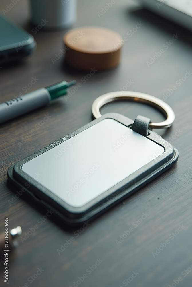 MOCKUP - blank keychain lying on a desk with a blank space for a logo MOCKUP - blank keychain lying on a desk with a blank space for a logo