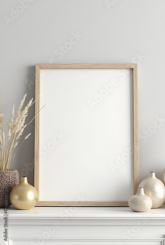 MOCKUP - blank photo frame on a mantelpiece with decorative items around it