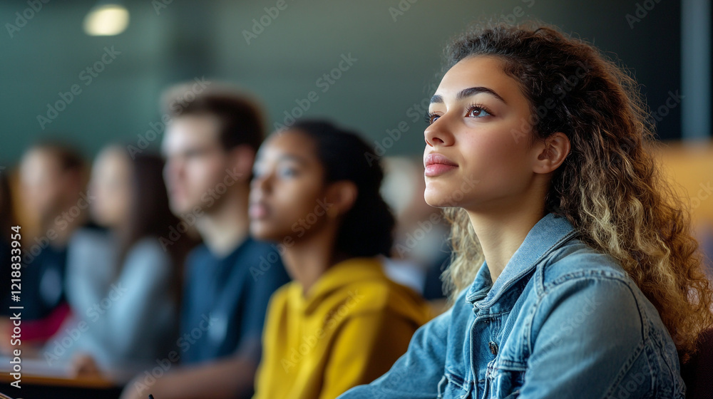 Fototapeta premium Young Woman Student Attentive Listening Class Lecture Education girl study school female people