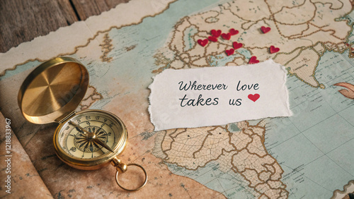 map with place markings with heart, travel plan for couples, AI generated