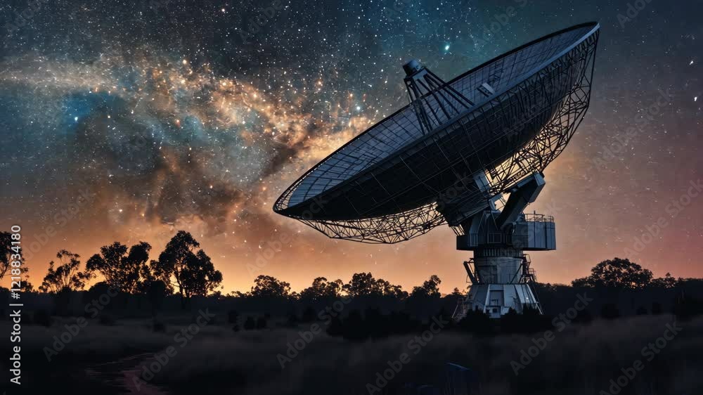 A large satellite dish stands in a field under a starry night sky, with the Milky Way visible above. A large satellite dish stands in a field under a starry night sky, with the Milky Way visible above.