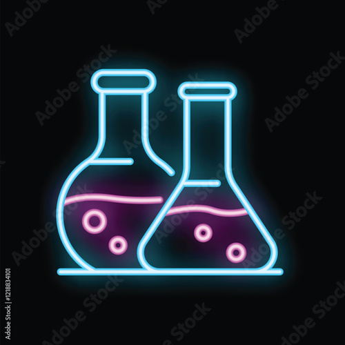 Glowing neon icon of two erlenmeyer flasks, with a pink liquid bubbling inside, isolated on a black background