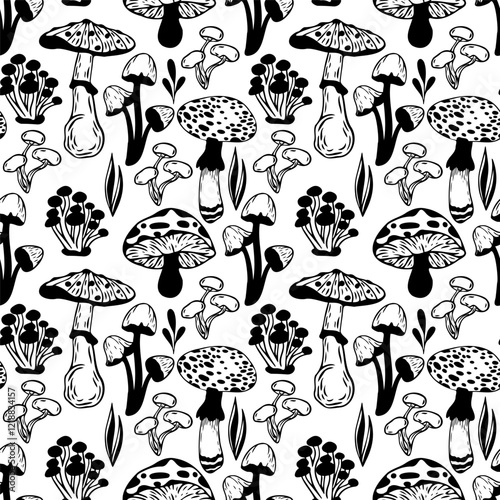 Hand drawn mushroom pattern. Seamless contour vector print with mushrooms for textile, fabric, paper, pillow.	