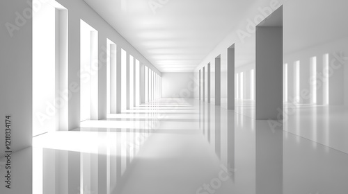 White Corridor With Bright Light And Reflective Floor