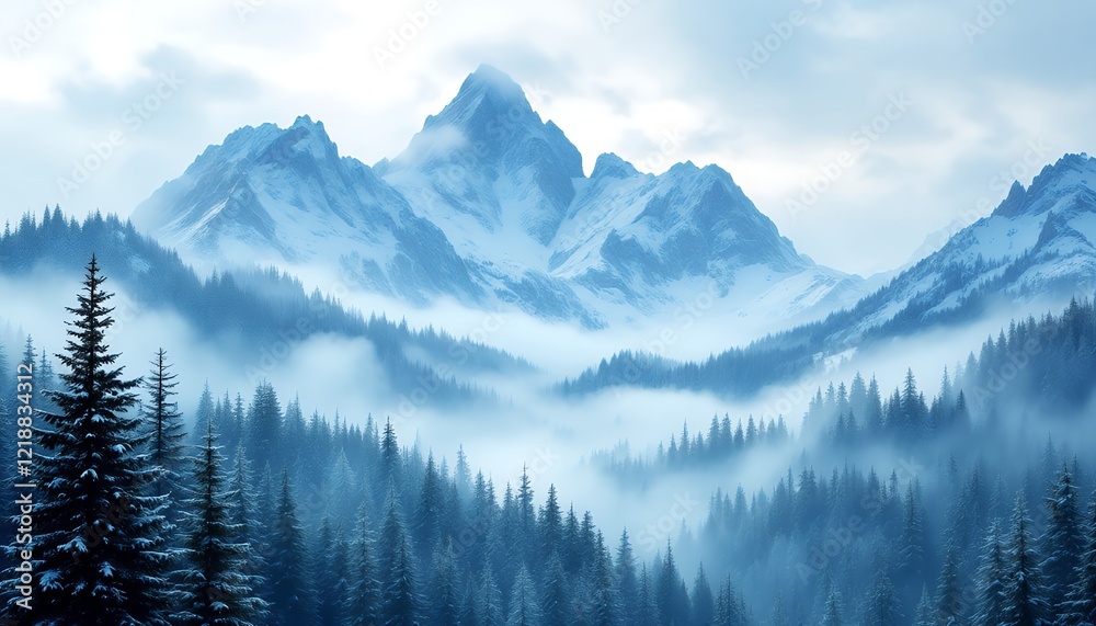 custom made wallpaper toronto digitalMajestic Winter Mountainscape Enveloped in Misty Serenity: A Breathtaking View of Snow-Capped Peaks and Frosty Forests