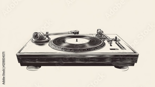 Vintage turntable with record, monochrome sketch.