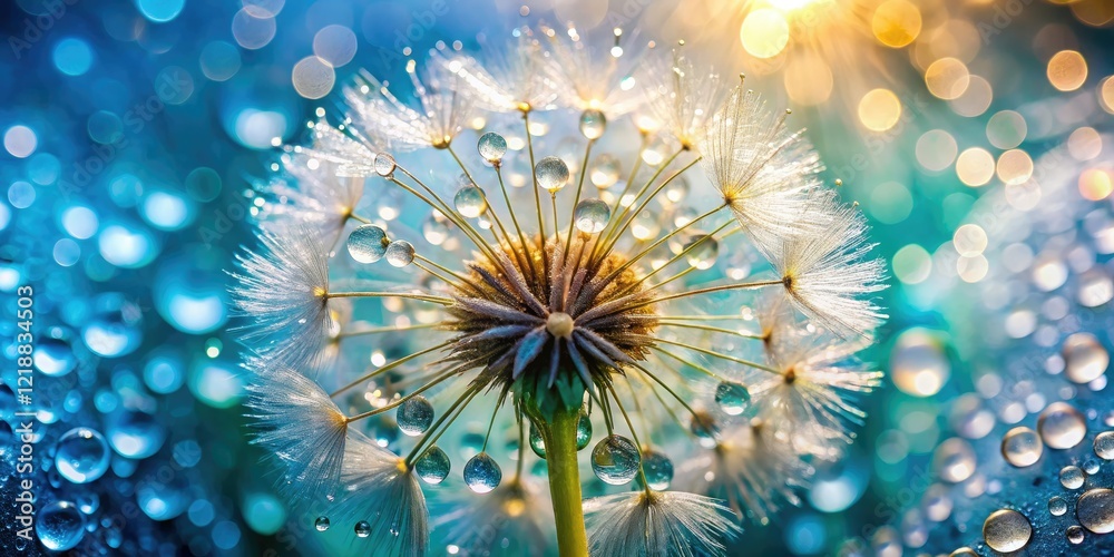 Fototapeta premium Delicate dandelion seed head, magnified, glistening with dew, soft bokeh background.