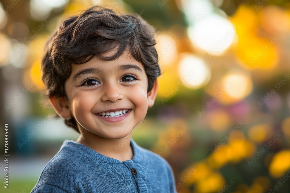 Young boy smiling happily in a colorful garden during golden hour in a park