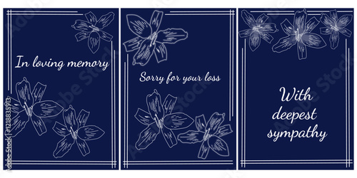 set of sympathy cards with thematic phrases and outline white lilies, Condolence vertical design