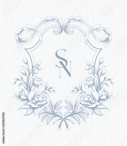 Wedding monogram with SN initials Design. Floral monogram crest design. Vintage elegant wedding crest design.
