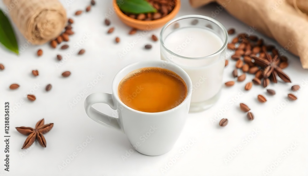 Aromatic Espresso with Fresh Milk and Star Anise on a Clean White Surface