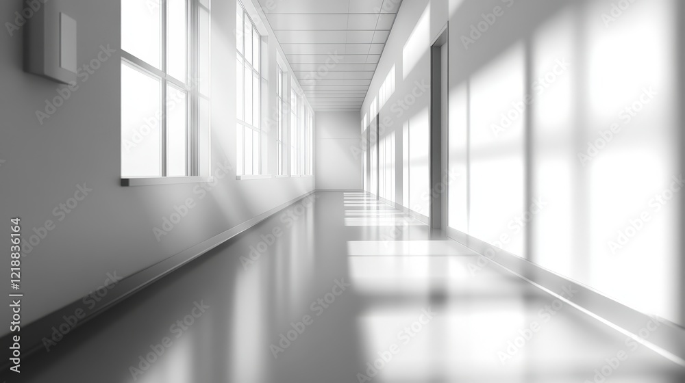 Fototapeta premium Bright and Empty Hospital Hallway with Natural Light Illuminating the Floor and Walls, Ideal for Medical Themes and Health-Related Concepts