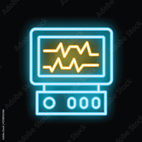 Glowing neon icon of a heart rate monitor displaying vital signs on a black background