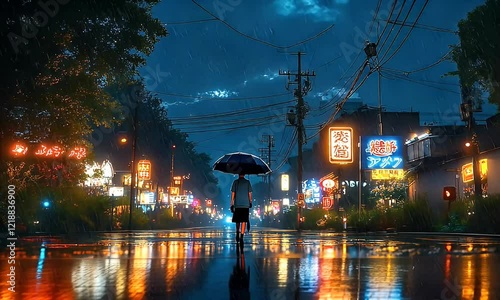 Solitary Figure Under Umbrella on a Rainy Night in a Neon-Lit Asian City Street