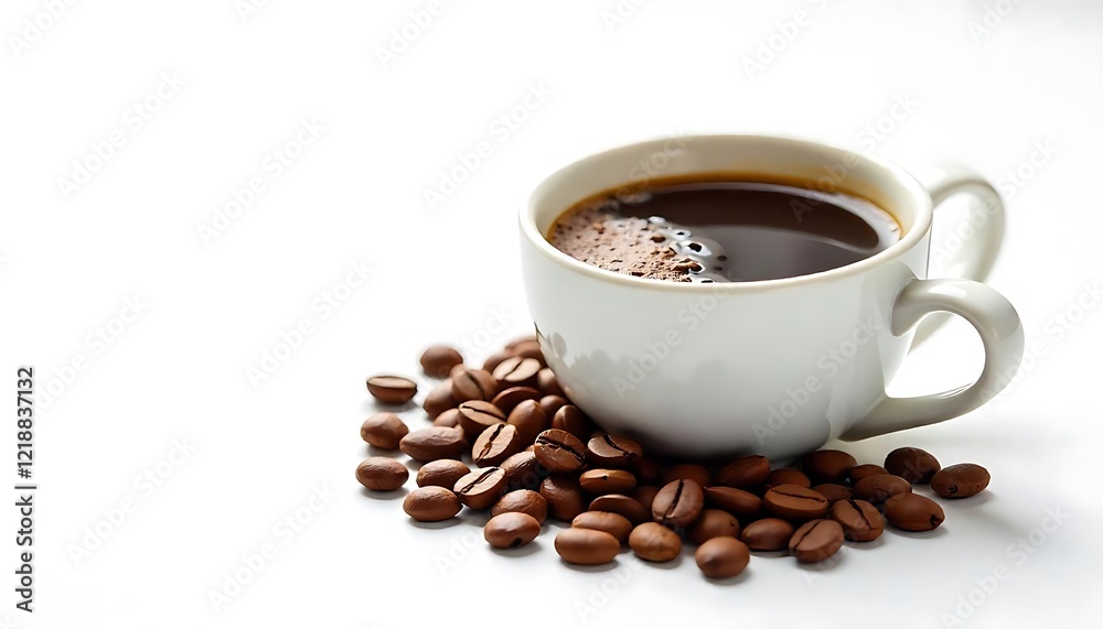 Fototapeta premium Aromatic coffee cup and roasted coffee beans on a clean white background, ideal for beverage concepts