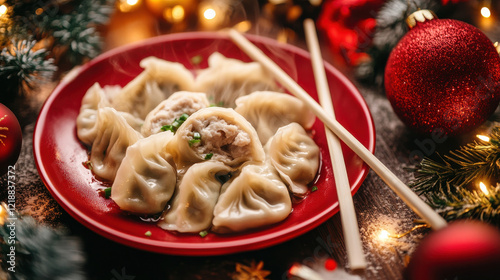 Dumplings on red plate with festive ornaments and chopsticks surrounded by glowing lanterns: Lunar New Year