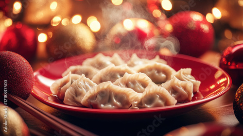 Dumplings on red plate with festive ornaments and chopsticks surrounded by glowing lanterns: Lunar New Year