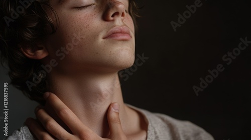 Young man with freckles gently touches his neck, eyes closed in peaceful contemplation. Soft lighting, neutral tones.