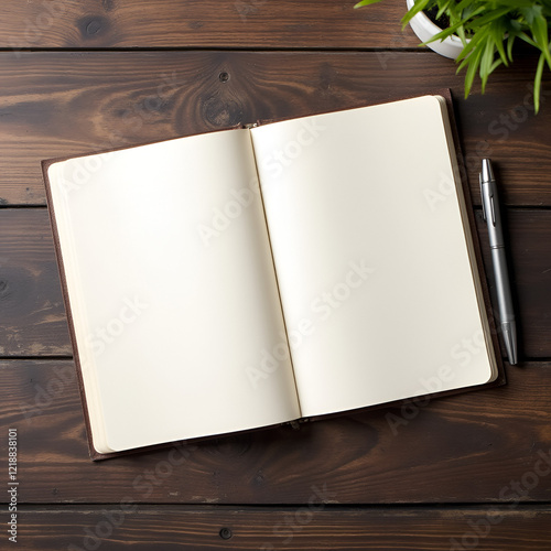 MOCKUP - clean empty notebook open on a rustic wooden desk with a pen lying beside it