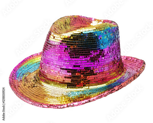 funky disco hat with sequins in vibrant colors, perfect for parties and celebrations. This stylish accessory adds fun touch to any outfit and is ideal for dance events photo