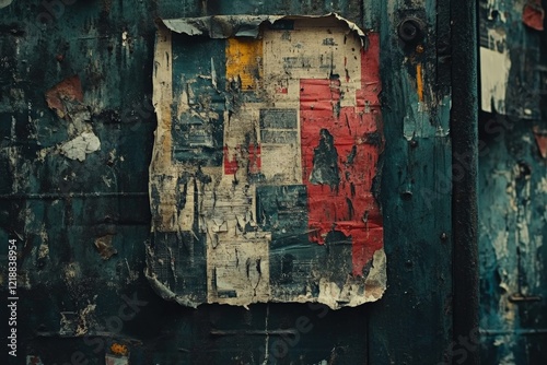 Old torn poster on a weathered wall showcasing faded colors and textures in an urban setting photo