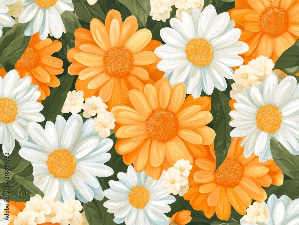 Obraz premium A Seamless Pattern of White Daisies and Orange/Yellow Flowers with Green Leaves on a Dark Green Background