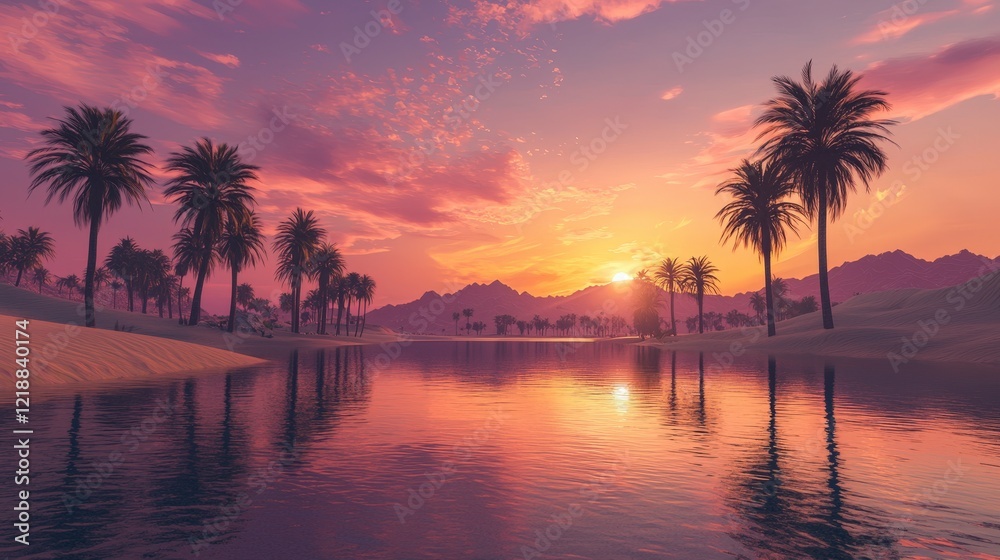Obraz premium Serene Sunset Over Oasis with Palm Trees and Reflections