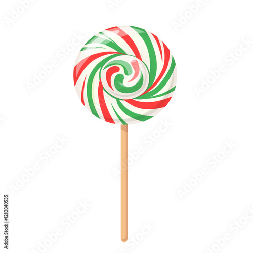 Christmas lollipop, sweet candy on stick with swirls. Icon of Christmas peppermint sweet, sucker candy with red and green spiral stripes, vector cartoon illustration isolated on white background