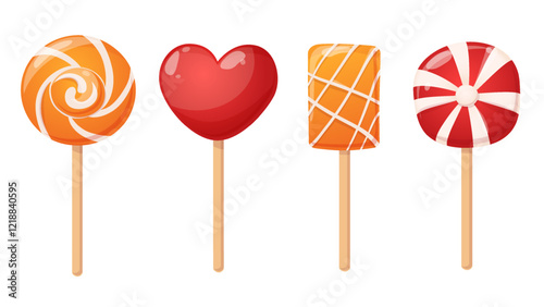 Icons of lollipops, spiral candy on stick isolated on white background. Set of cute hard sugar sweets candies with swirls and stripes on wooden sticks, vector cartoon illustration