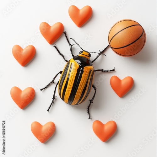 3D animal heart playing concept. A vibrant beetle surrounded by orange hearts and a basketball showcases a playful, whimsical scene. photo