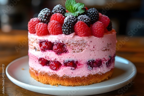 Wallpaper Mural Berry Layer Cake with Frosting and Fresh Mint - Perfect for Parties and Celebrations Torontodigital.ca