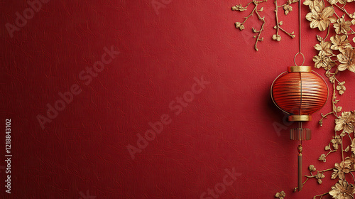 Elegant Chinese New Year card featuring a lantern and golden floral patterns on red backdrop: Lunar New Year
