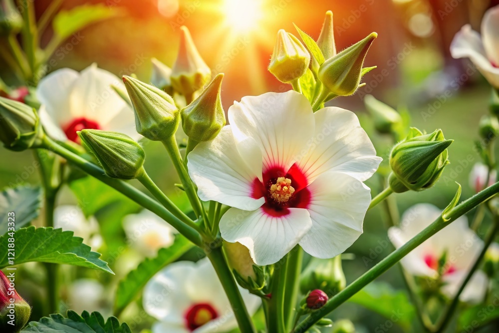 Fototapeta premium Beautiful White & Red Okra Flowers Close-up Bokeh Garden