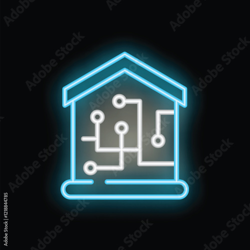 Blue neon icon of a smart home with circuit board lines showing the concept of home automation