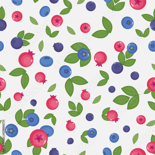 Blueberry and cranberry isolated on a lilac background. Seamless pattern. Berries and green leaves in the flat style. Berry background for paper, gift wrap, textile, wallpaper.